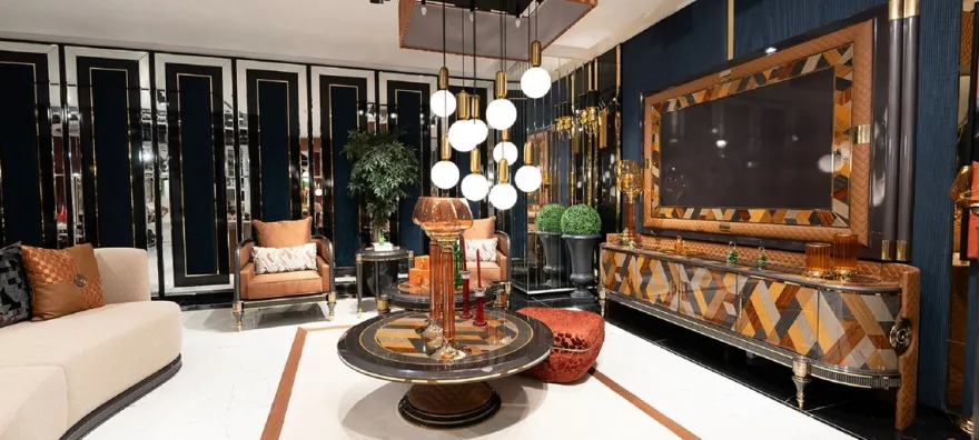 Casa Padrino Luxus Art Deco TV Schrank Set Mehrfarbig / Braun / Grau / Gold - Massivholz Wohnzimmer Sideboard mit TV Rückwand - Luxus Art Deco Wohnzimmer Möbel