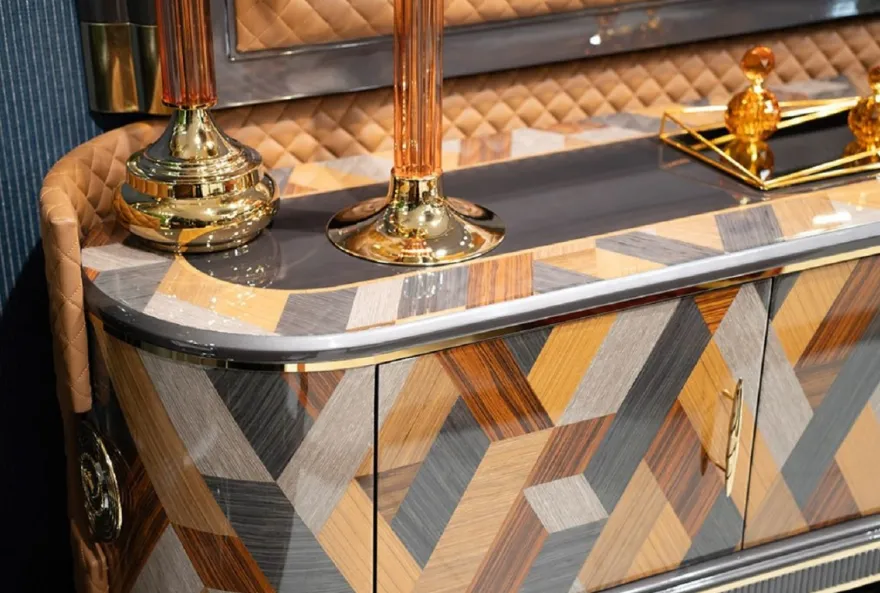 Casa Padrino Luxus Art Deco TV Schrank Set Mehrfarbig / Braun / Grau / Gold - Massivholz Wohnzimmer Sideboard mit TV Rückwand - Luxus Art Deco Wohnzimmer Möbel