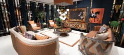 Casa Padrino Luxus Art Deco TV Schrank Set Mehrfarbig / Braun / Grau / Gold - Massivholz Wohnzimmer Sideboard mit TV Rückwand - Luxus Art Deco Wohnzimmer Möbel