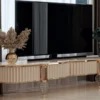 Casa Padrino Luxus Art Deco TV Schrank Weiß / Grau / Gold 246 x 60 x H. 56 cm - Massivholz Sideboard mit edler Kunstmarmor Platte - Art Deco Wohnzimmer Möbel - Luxus Wohnzimmer Möbel