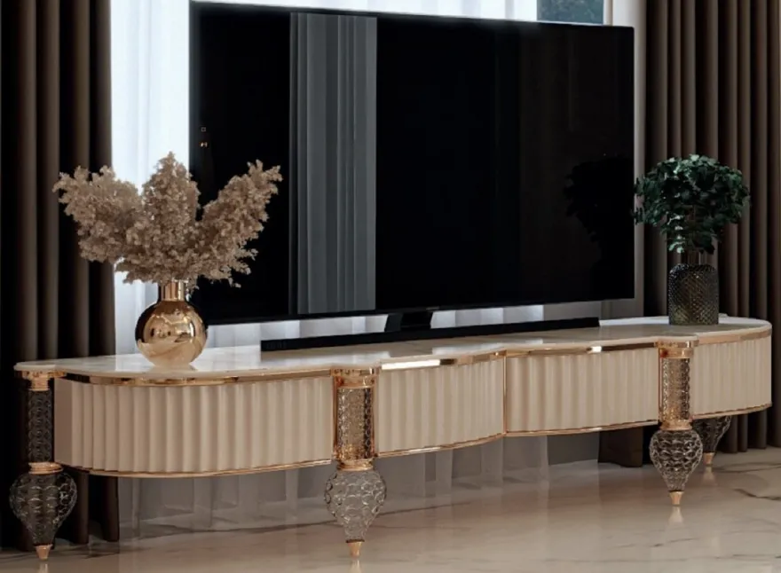 Casa Padrino Luxus Art Deco TV Schrank Weiß / Grau / Gold 246 x 60 x H. 56 cm - Massivholz Sideboard mit edler Kunstmarmor Platte - Art Deco Wohnzimmer Möbel - Luxus Wohnzimmer Möbel