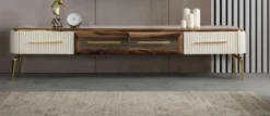 Casa Padrino Luxus Art Deco TV Schrank Braun / Weiß / Gold 235 x 48 x H. 48 cm - Wohnzimmer Sideboard mit 4 Schubladen - Art Deco Möbel - Wohnzimmer Möbel - Luxus Möbel