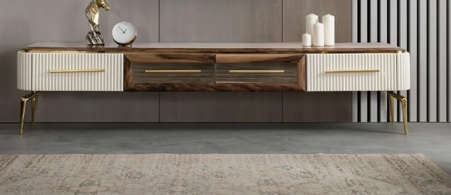 Casa Padrino Luxus Art Deco TV Schrank Braun / Weiß / Gold 235 x 48 x H. 48 cm - Wohnzimmer Sideboard mit 4 Schubladen - Art Deco Möbel - Wohnzimmer Möbel - Luxus Möbel