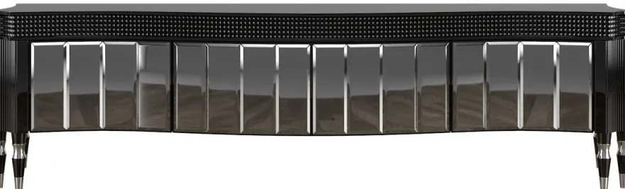 Casa Padrino Luxus Art Deco TV Schrank Schwarz / Silber 220 x 53 x H. 58 cm - Edler Fernsehschrank mit 4 verspiegelten Türen - Art Deco Wohnzimmer Möbel