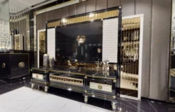 Casa Padrino Luxus Art Deco TV Schrank Schwarz / Weiß / Gold - Massivholz Sideboard mit 3 Schubladen - Art Deco Wohnzimmer Möbel - Luxus Wohnzimmer Möbel - Luxus Art Deco Einrichtung