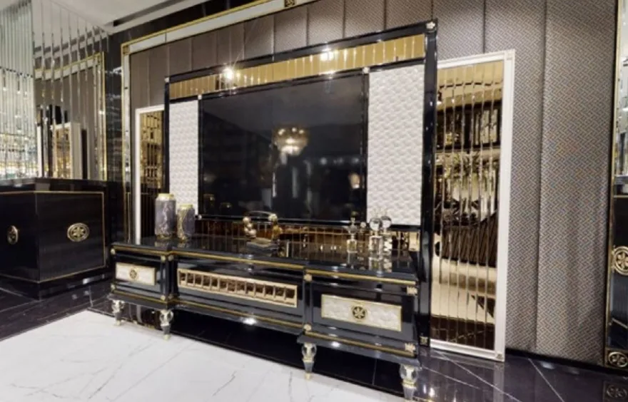 Casa Padrino Luxus Art Deco TV Schrank Schwarz / Weiß / Gold - Massivholz Sideboard mit 3 Schubladen - Art Deco Wohnzimmer Möbel - Luxus Wohnzimmer Möbel - Luxus Art Deco Einrichtung