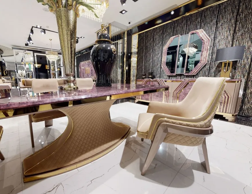 Casa Padrino Luxus Art Deco Wandspiegel Lila / Gold - Massivholz Spiegel mit Marmoroptik - Luxus Art Deco Wohnzimmer & Hotel Möbel