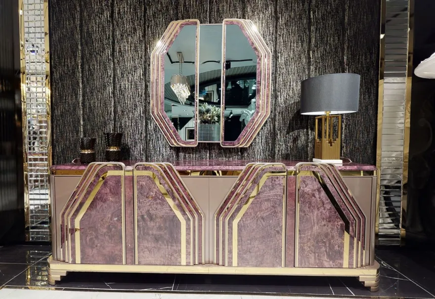 Casa Padrino Luxus Art Deco Wandspiegel Lila / Gold - Massivholz Spiegel mit Marmoroptik - Luxus Art Deco Wohnzimmer & Hotel Möbel