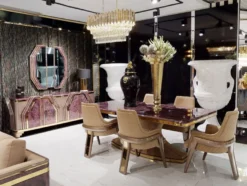Casa Padrino Luxus Art Deco Wandspiegel Lila / Gold - Massivholz Spiegel mit Marmoroptik - Luxus Art Deco Wohnzimmer & Hotel Möbel