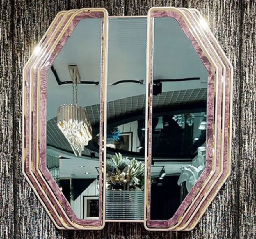 Casa Padrino Luxus Art Deco Wandspiegel Lila / Gold - Massivholz Spiegel mit Marmoroptik - Luxus Art Deco Wohnzimmer & Hotel Möbel