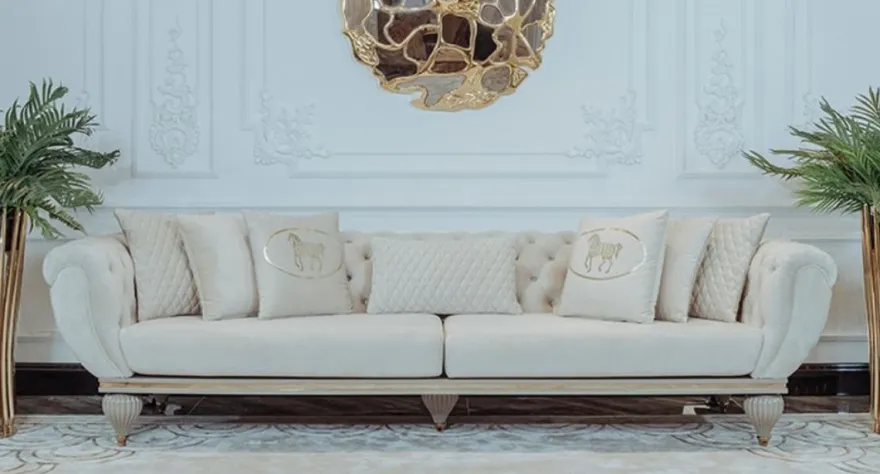 Casa Padrino Luxus Art Deco Wohnzimmer Sofa Cremefarben / Grau / Gold - Art Deco Wohnzimmer Möbel - Luxus Kollektion