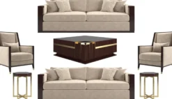 Casa Padrino Luxus Art Deco Wohnzimmer Set Beige / Dunkelbraun Hochglanz / Gold - 2 Sofas & 2 Sessel & 1 Couchtisch & 2 Beistelltische - Edle Wohnzimmer Möbel - Luxus Qualität