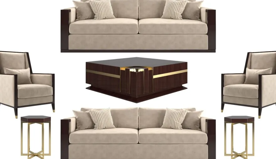 Casa Padrino Luxus Art Deco Wohnzimmer Set Beige / Dunkelbraun Hochglanz / Gold - 2 Sofas & 2 Sessel & 1 Couchtisch & 2 Beistelltische - Edle Wohnzimmer Möbel - Luxus Qualität
