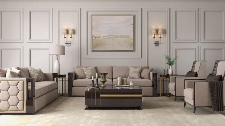 Casa Padrino Luxus Art Deco Wohnzimmer Set Beige / Dunkelbraun Hochglanz / Gold - 2 Sofas & 2 Sessel & 1 Couchtisch & 2 Beistelltische - Edle Wohnzimmer Möbel - Luxus Qualität