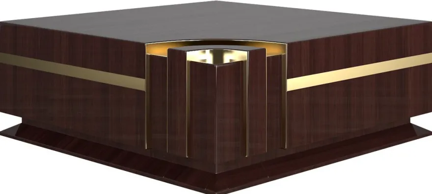 Casa Padrino Luxus Art Deco Wohnzimmer Set Beige / Dunkelbraun Hochglanz / Gold - 2 Sofas & 2 Sessel & 1 Couchtisch & 2 Beistelltische - Edle Wohnzimmer Möbel - Luxus Qualität