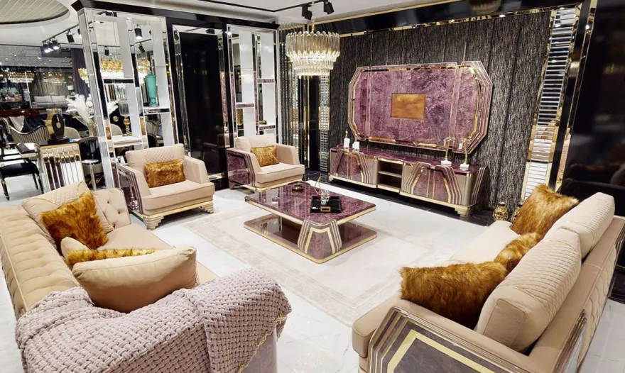 Casa Padrino Luxus Art Deco Wohnzimmer Set Beige / Lila / Grau / Gold - 2 Sofas & 2 Sessel & 1 Couchtisch - Luxus Art Deco Wohnzimmer & Hotel Möbel