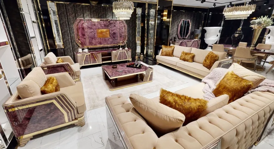 Casa Padrino Luxus Art Deco Wohnzimmer Set Beige / Lila / Grau / Gold - 2 Sofas & 2 Sessel & 1 Couchtisch - Luxus Art Deco Wohnzimmer & Hotel Möbel