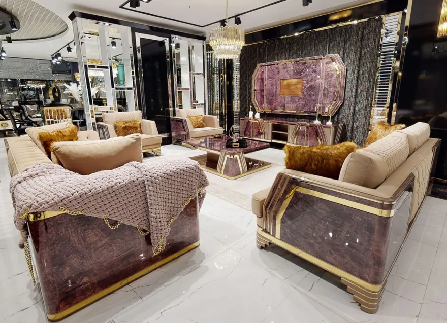 Casa Padrino Luxus Art Deco Wohnzimmer Set Beige / Lila / Grau / Gold - 2 Sofas & 2 Sessel & 1 Couchtisch - Luxus Art Deco Wohnzimmer & Hotel Möbel