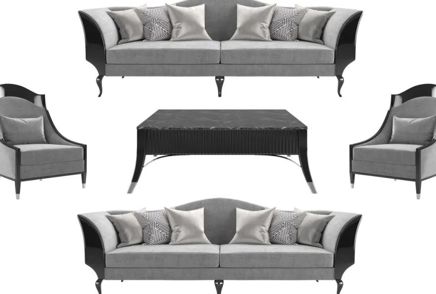 Casa Padrino Luxus Art Deco Wohnzimmer Set Grau / Schwarz / Silber - 2 Sofas & 2 Sessel & 1 Couchtisch mit Marmorplatte - Edle Art Deco Wohnzimmer Möbel