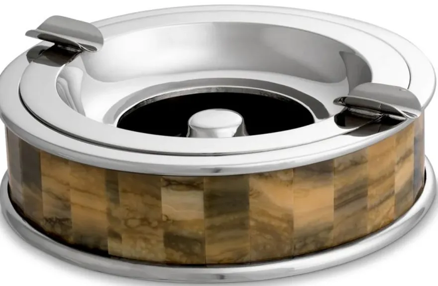Casa Padrino Luxus Aschenbecher Silber / Braun Ø 20,5 x H. 6,5 cm - Runder dekorativer Aschenbecher - Deko Accessoires - Luxus Qualität