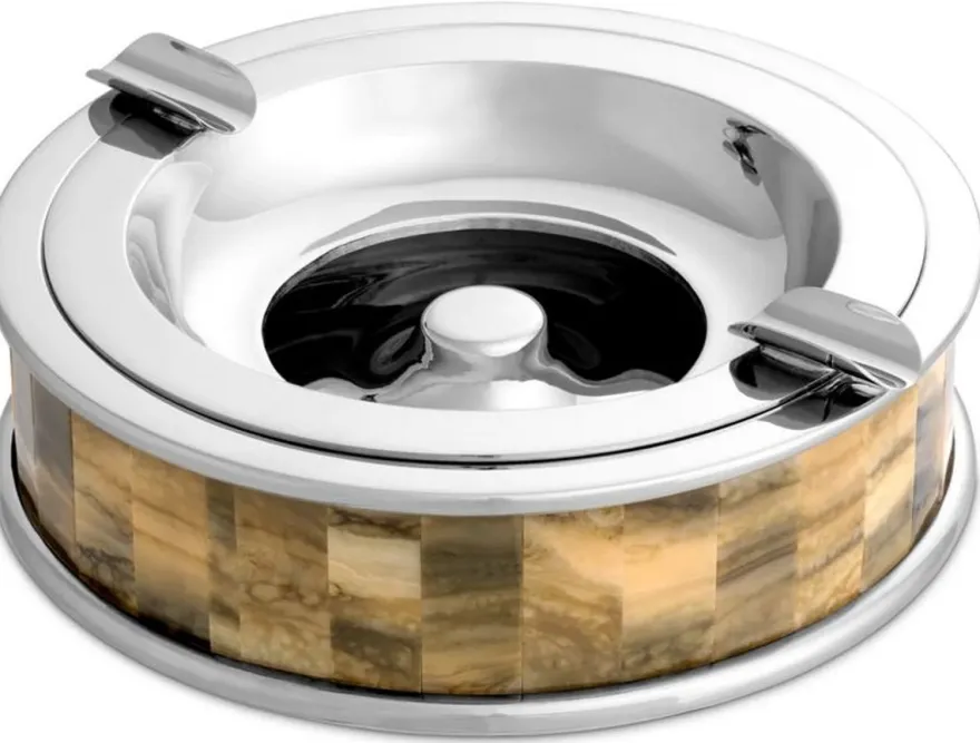 Casa Padrino Luxus Aschenbecher Silber / Braun Ø 20,5 x H. 6,5 cm - Runder dekorativer Aschenbecher - Deko Accessoires - Luxus Qualität