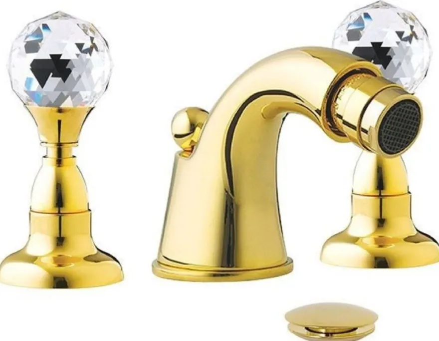Casa Padrino Luxus Badewannen Armatur mit Swarovski Kristallglas Gold H. 5,5 cm - Dreilochbatterie mit Ablaufgarnitur - Luxus Bad Zubehör - Made in Italy