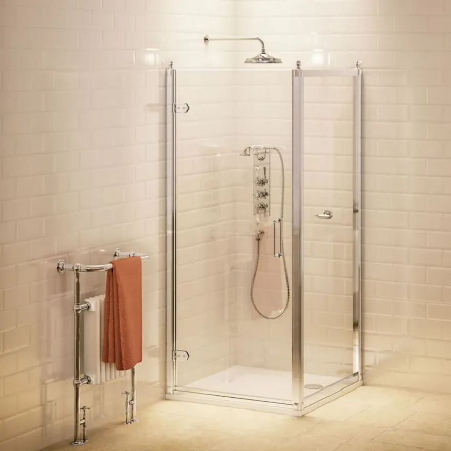 Casa Padrino Luxus Badezimmer Duschtür mit Seitenwand Silber 76 x 76 x H. 195 cm - Duschkabinen Glas Tür - Badezimmer Accessoires - Luxus Duschtüren - Luxus Qualität