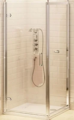 Casa Padrino Luxus Badezimmer Duschtür mit Seitenwand Silber 76 x 76 x H. 195 cm - Duschkabinen Glas Tür - Badezimmer Accessoires - Luxus Duschtüren - Luxus Qualität