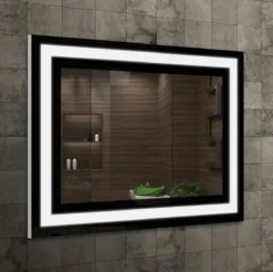 Casa Padrino Luxus Badezimmer Spiegel Schwarz 80 x 2,8 x H. 60 cm - Rechteckiger Wandspiegel mit LED Beleuchtung - Badezimmer Möbel - Badezimmer Accessoires - Luxus Möbel