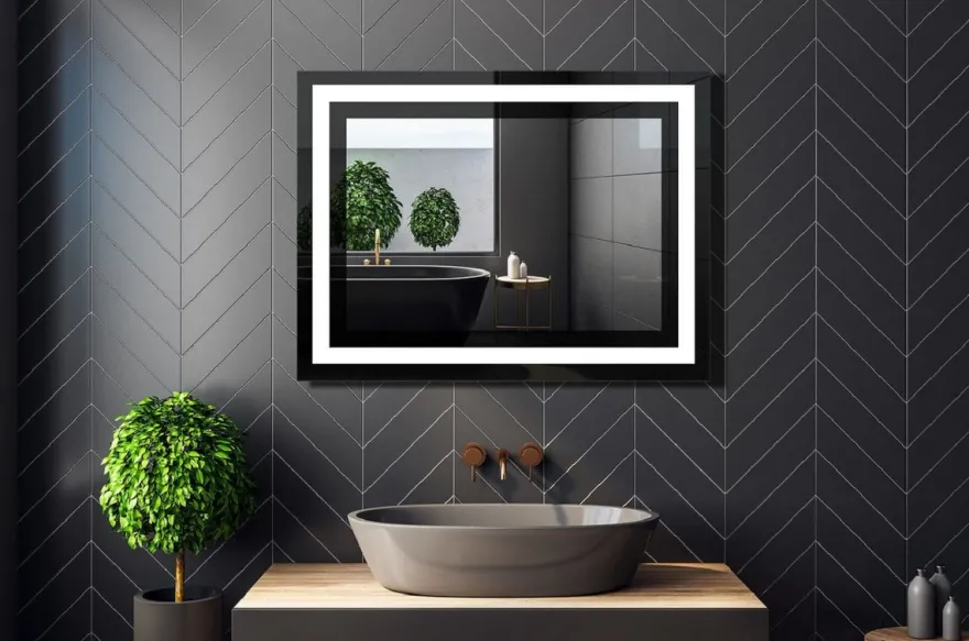 Casa Padrino Luxus Badezimmer Spiegel Schwarz 80 x 2,8 x H. 60 cm - Rechteckiger Wandspiegel mit LED Beleuchtung - Badezimmer Möbel - Badezimmer Accessoires - Luxus Möbel