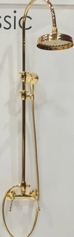 Casa Padrino Luxus Badezimmer Duschgarnitur mit Swarovski Kristallglas Gold H. 111-138,5 cm - Brauseset mit Überkopfbrause und Handbrause - Badezimmer Accessoires - Luxus Qualität - Made in Italy