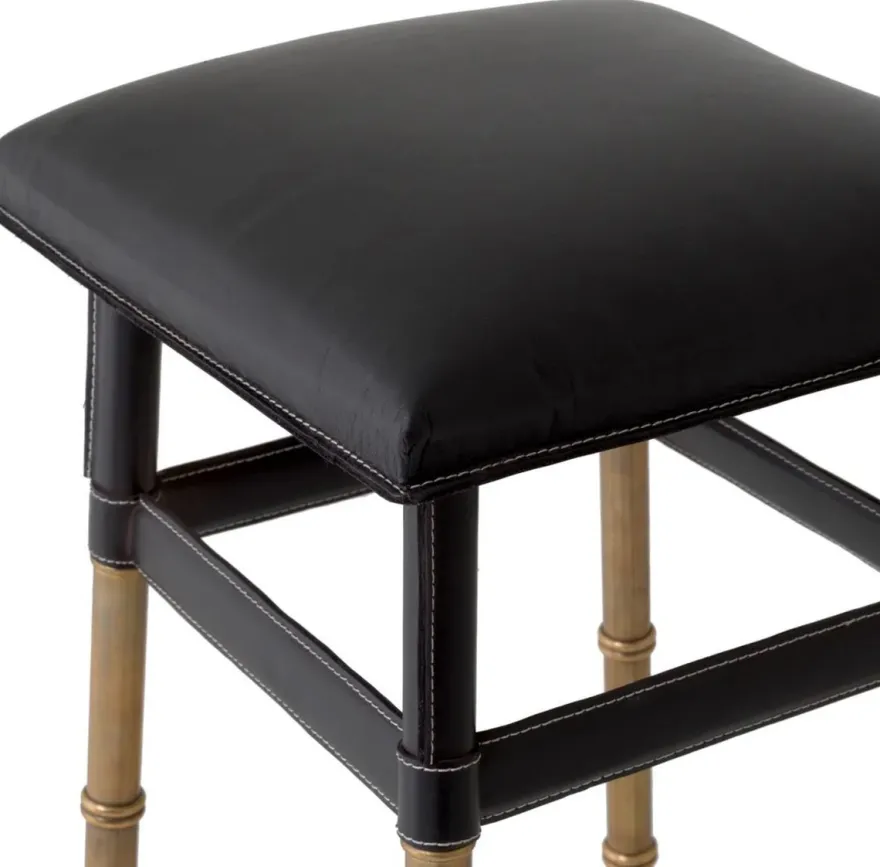 Casa Padrino Luxus Barhocker Schwarz / Vintage Messing 34,5 x 33 x H. 80,5 cm - Gepolsterter Barstuhl mit Echtleder - Bar Möbel - Leder Möbel - Luxus Möbel - Luxus Qualität