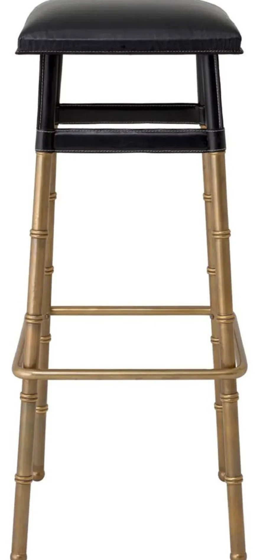 Casa Padrino Luxus Barhocker Schwarz / Vintage Messing 34,5 x 33 x H. 80,5 cm - Gepolsterter Barstuhl mit Echtleder - Bar Möbel - Leder Möbel - Luxus Möbel - Luxus Qualität