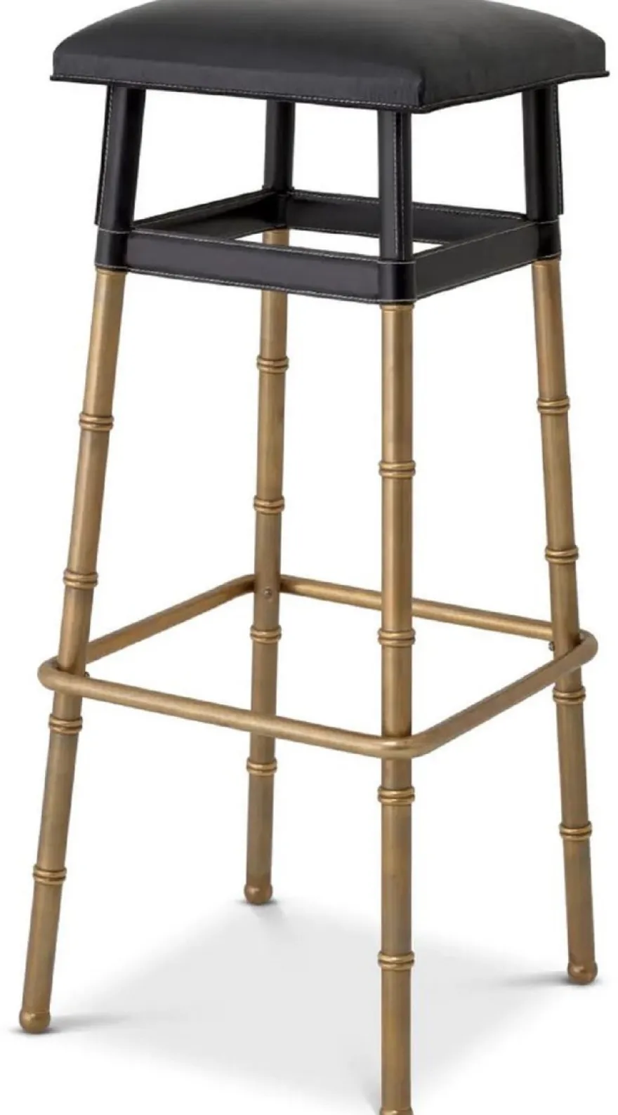 Casa Padrino Luxus Barhocker Schwarz / Vintage Messing 34,5 x 33 x H. 80,5 cm - Gepolsterter Barstuhl mit Echtleder - Bar Möbel - Leder Möbel - Luxus Möbel - Luxus Qualität