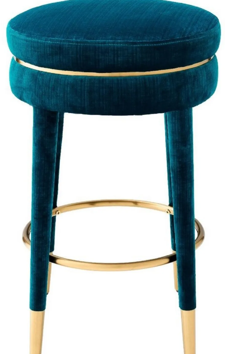 Casa Padrino Luxus Barhocker Blau / Messing Ø 41 x H. 68 cm - Runder Samt Hocker - Luxus Möbel