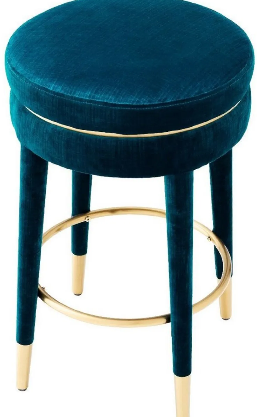 Casa Padrino Luxus Barhocker Blau / Messing Ø 41 x H. 68 cm - Runder Samt Hocker - Luxus Möbel