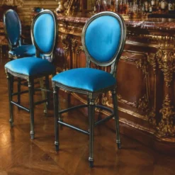 Casa Padrino Luxus Barock Barstuhl Blau / Schwarz / Gold H. 127 cm - Barock Bar Möbel