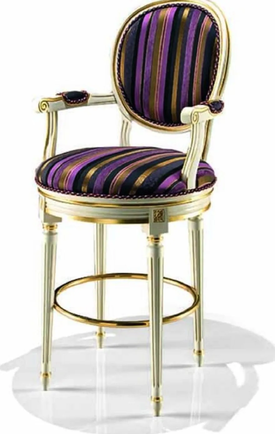 Casa Padrino Luxus Barock Barstuhl mit Armlehnen Mehrfarbig / Elfenbein / Gold - Made in Italy