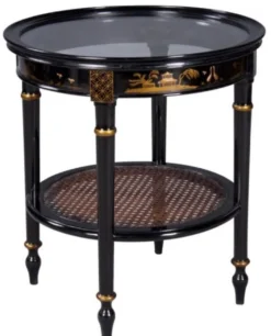 Casa Padrino Luxus Barock Beistelltisch Schwarz / Gold Ø 48 x H. 53 cm - Runder Mahagoni Beistelltisch mit Glasplatte und chinesischen Verzierungen