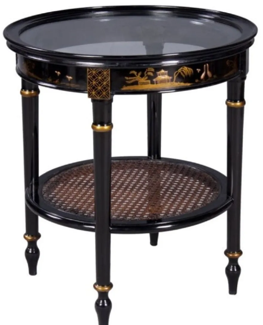 Casa Padrino Luxus Barock Beistelltisch Schwarz / Gold Ø 48 x H. 53 cm - Runder Mahagoni Beistelltisch mit Glasplatte und chinesischen Verzierungen