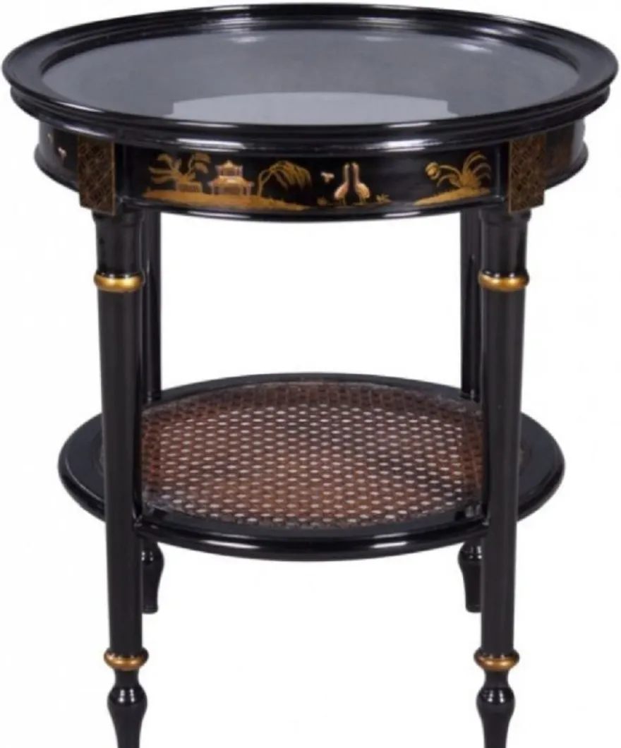 Casa Padrino Luxus Barock Beistelltisch Schwarz / Gold Ø 48 x H. 53 cm - Runder Mahagoni Beistelltisch mit Glasplatte und chinesischen Verzierungen