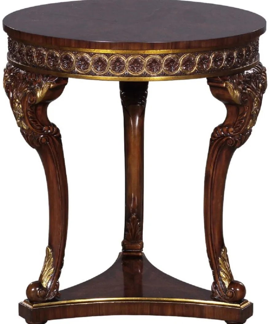 Casa Padrino Luxus Barock Beistelltisch Braun / Gold - Runder Massivholz Tisch im Barockstil - Prunkvolle Barock Wohnzimmer Möbel