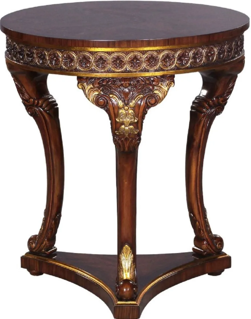 Casa Padrino Luxus Barock Beistelltisch Braun / Gold - Runder Massivholz Tisch im Barockstil - Prunkvolle Barock Wohnzimmer Möbel