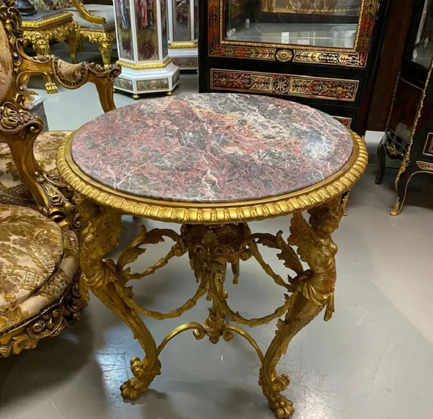 Casa Padrino Luxus Barock Beistelltisch Gold / Grau / Rot - Prunkvoller runder Bronze Tisch mit Marmorplatte - Luxus Möbel im Barockstil - Barockstil Wohnzimmer Möbel - Barock Möbel