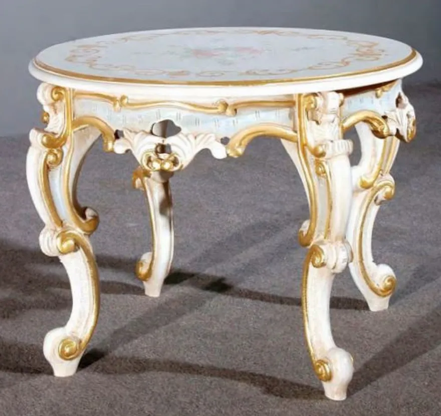 Casa Padrino Luxus Barock Beistelltisch Weiß / Mehrfarbig / Gold Ø 60 x H. 48 cm - Prunkvoller Massivholz Tisch - Barock Wohnzimmer & Hotel Möbel - Luxus Qualität - Made in Italy