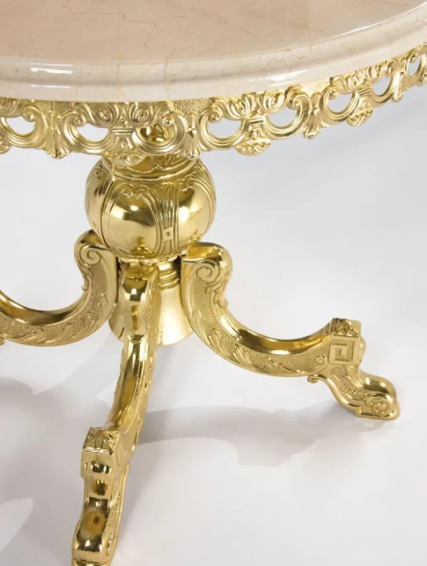 Casa Padrino Luxus Barock Beistelltisch Gold / Cremefarben Ø 52 x H. 50 cm - Runder Messing Tisch mit Marmorplatte - Barock Wohnzimmer Möbel - Luxus Qualität