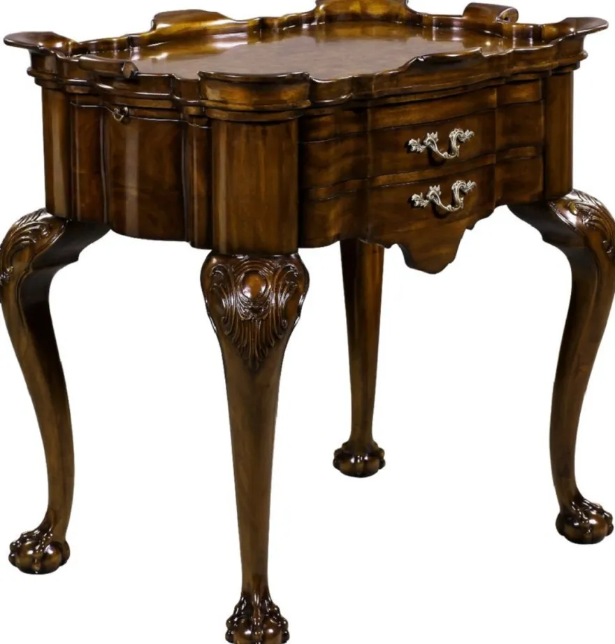 Casa Padrino Luxus Barock Beistelltisch mit 2 Schubladen und abnehmbarem Tablett Braun 82 x 62 x H. 80 cm - Eleganter Mahagoni Teetisch - Barock Wohnzimmer Möbel - Luxus Qualität