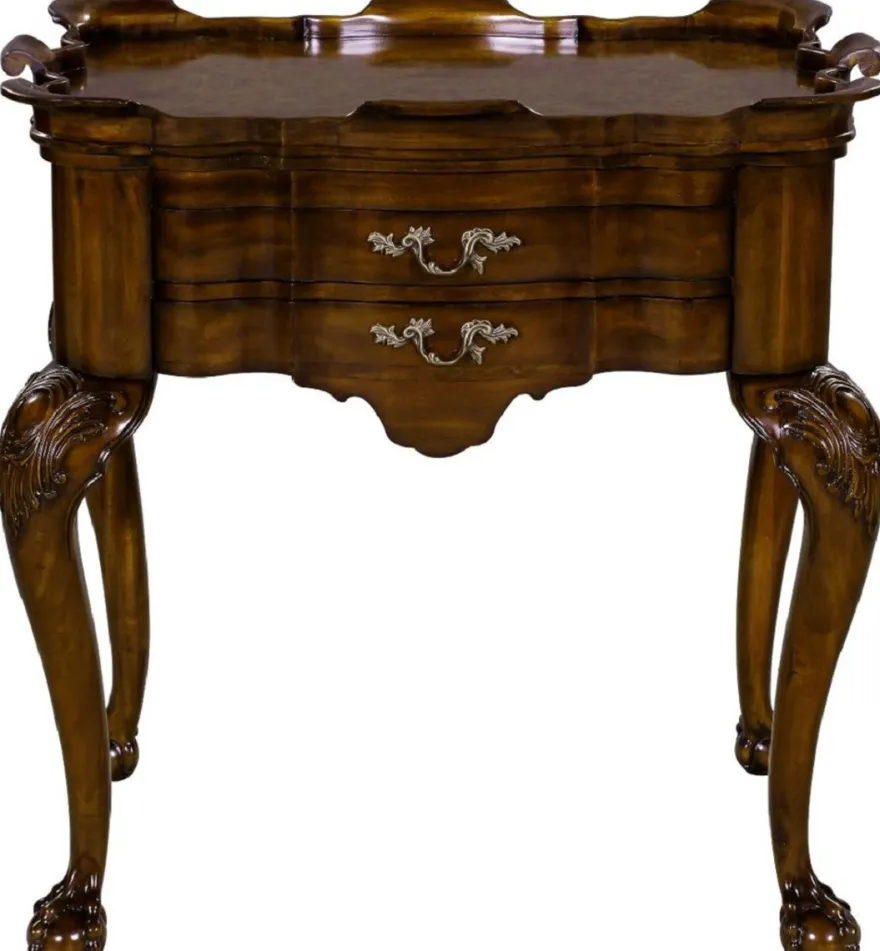 Casa Padrino Luxus Barock Beistelltisch mit 2 Schubladen und abnehmbarem Tablett Braun 82 x 62 x H. 80 cm - Eleganter Mahagoni Teetisch - Barock Wohnzimmer Möbel - Luxus Qualität
