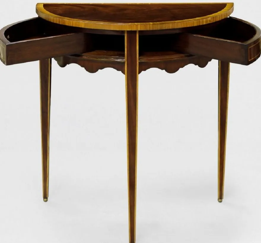 Casa Padrino Luxus Barock Beistelltisch Dunkelbraun / Hellbraun 71 x 36 x H. 74 cm - Halbrunder Mahagoni Tisch mit 2 Schubladen - Nachttisch - Nachtkommode - Barock Möbel