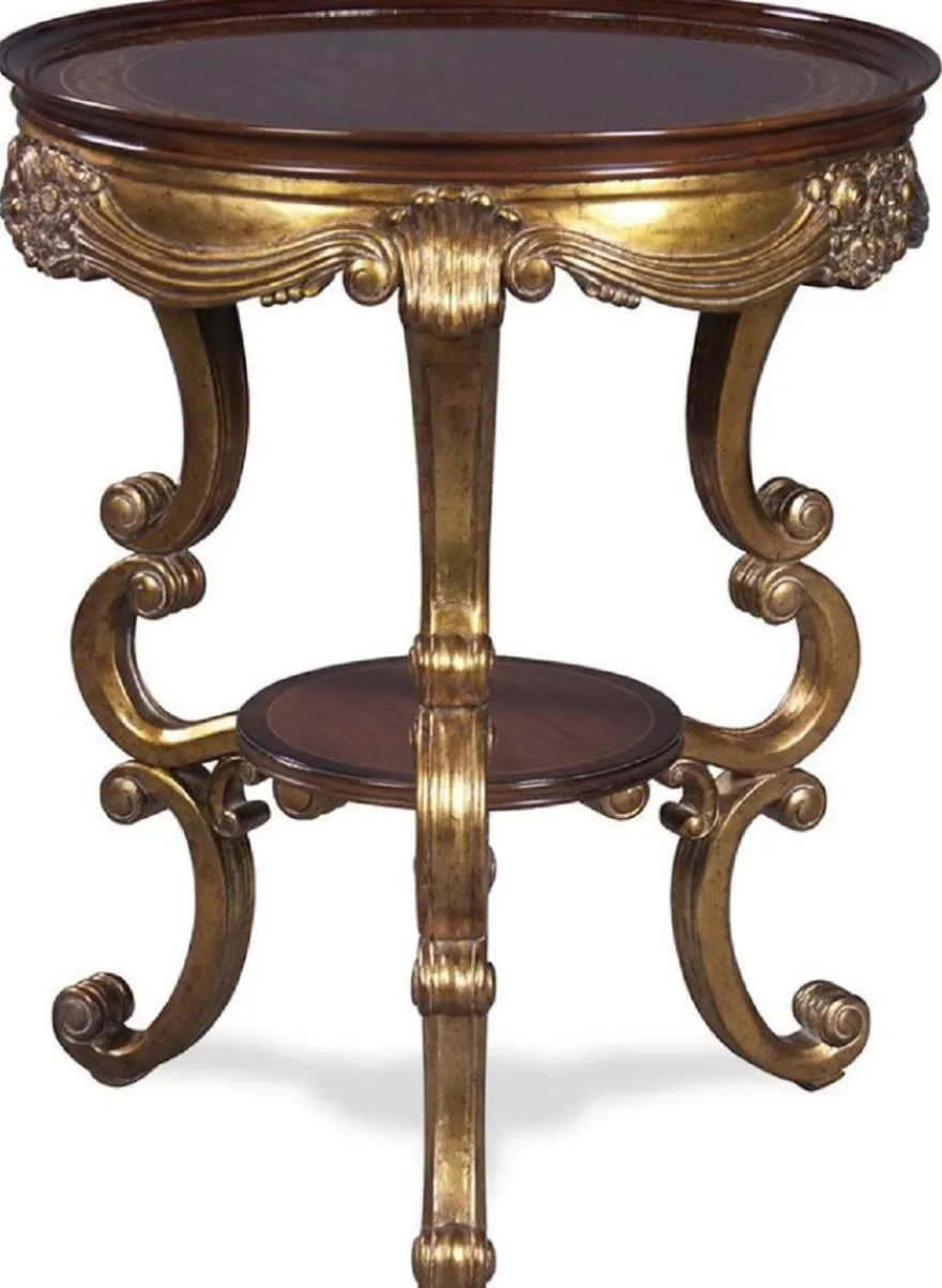 Casa Padrino Luxus Barock Beistelltisch Dunkelbraun / Gold Ø 58 x H. 70 cm - Runder Mahagoni Tisch im Barockstil - Barock Wohnzimmer Möbel